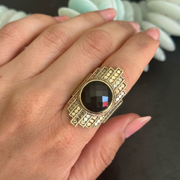Anna Beck Jewelry - Anna Beck Gold Ring with Faceted Black Stone and Ornate Band